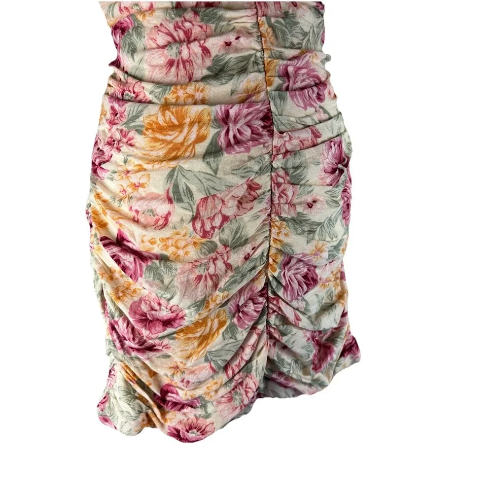 American Eagle Floral Ruched‎ Mini Dress Linen Cotton Puff Sleeve Cottagecore M